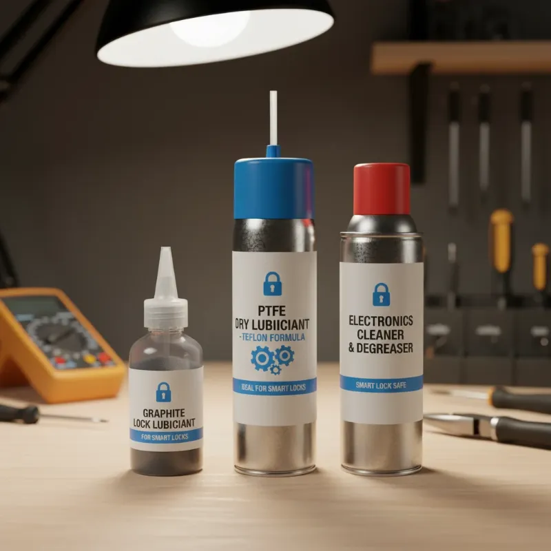 A selection of appropriate lubricants for smart locks, including powdered graphite, PTFE spray, and a can of electronics cleaner.