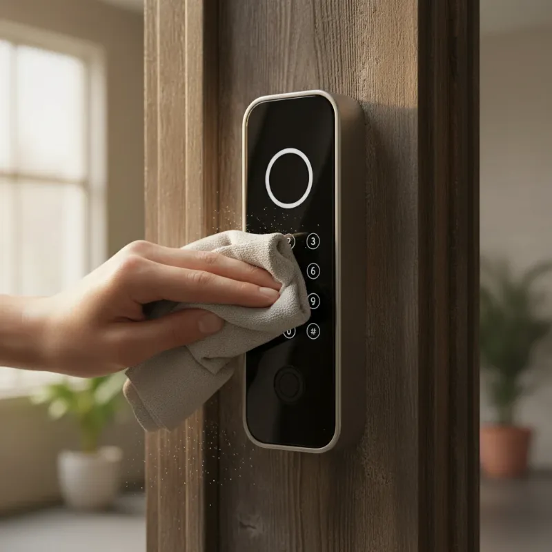 A hand cleaning a smart lock, emphasizing maintenance and care to ensure longevity and optimal function.