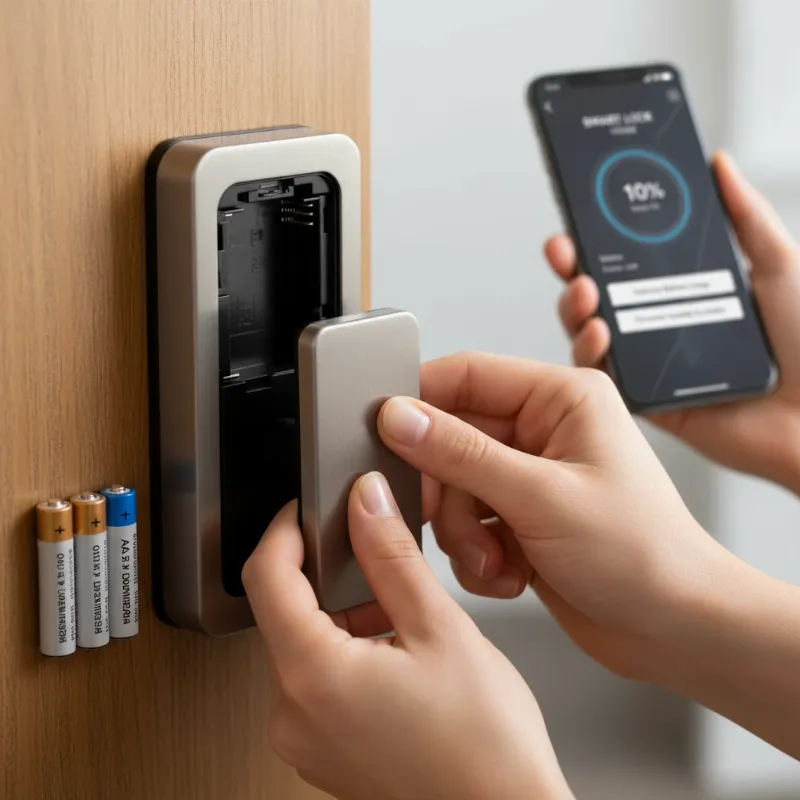 Person checking smart lock battery compartment, performing maintenance, or optimizing settings on a smartphone app.