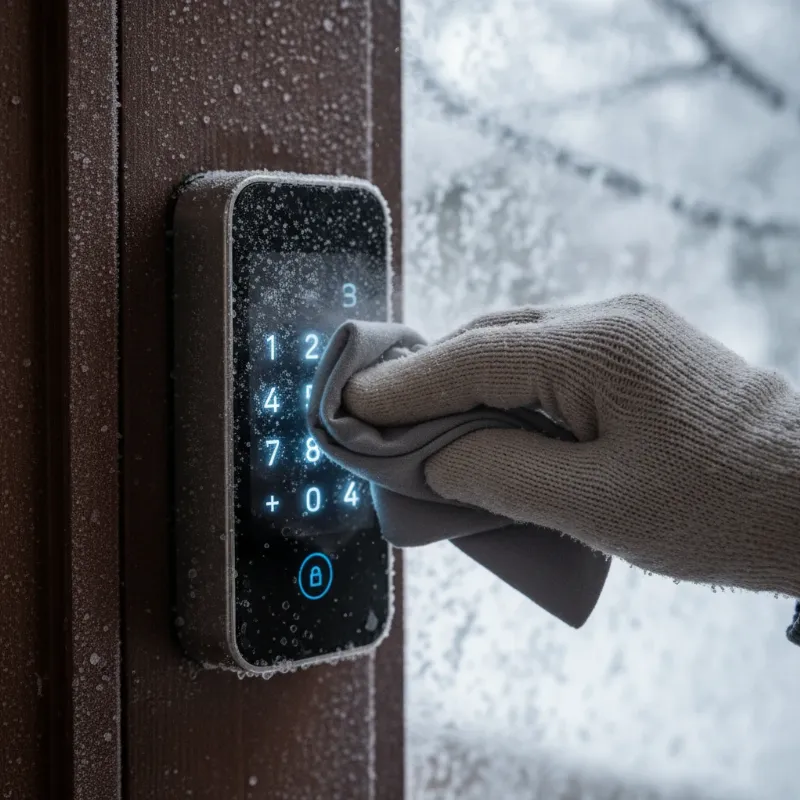 A hand cleaning a smart lock keypad covered in frost, demonstrating winter maintenance.