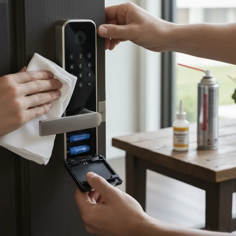 A person performing routine maintenance on a smart lock, including battery check, cleaning, and light lubrication, highlighting overall care.