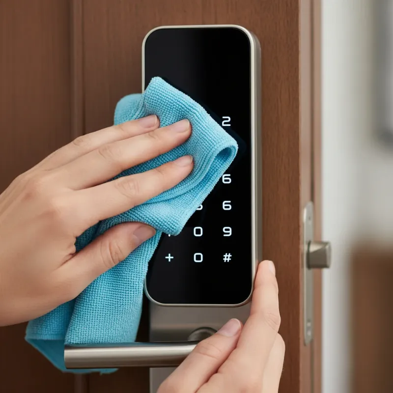A person cleaning a smart lock keypad with a soft cloth, illustrating proper maintenance for durability.