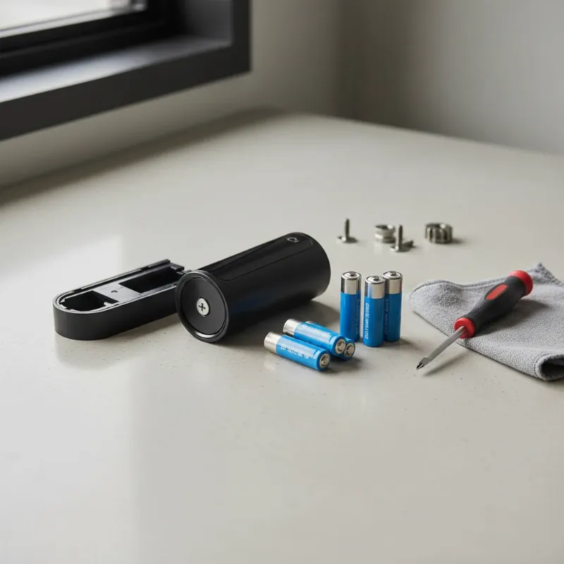 Tools for smart lock maintenance, such as a screwdriver and spare batteries, emphasizing proper care.