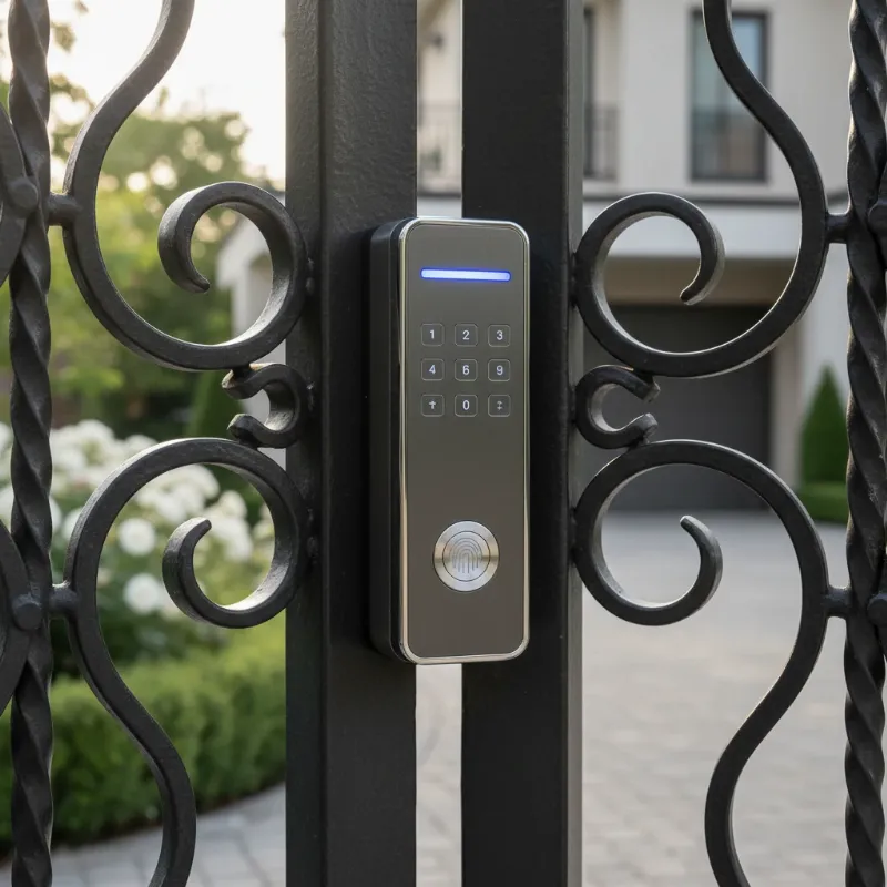 Modern smart lock on an elegant black metal gate, integrating security and convenience.