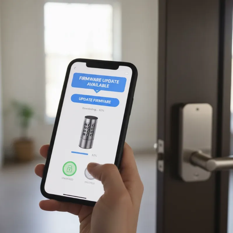 Smartphone screen displaying a smart lock app with an "Update Firmware" button and a progress bar.