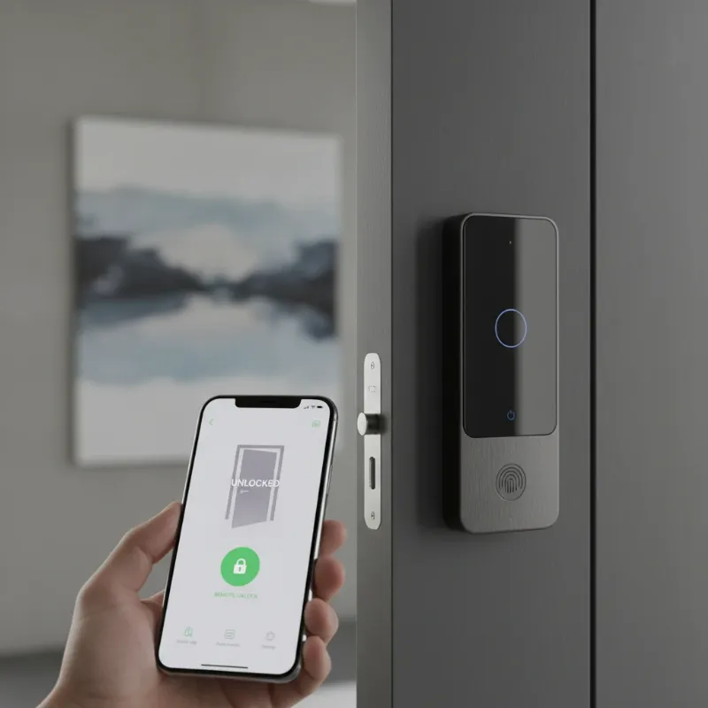 A sleek, modern smart lock with a digital keypad and a homeowner's smartphone, showcasing remote access capabilities. 