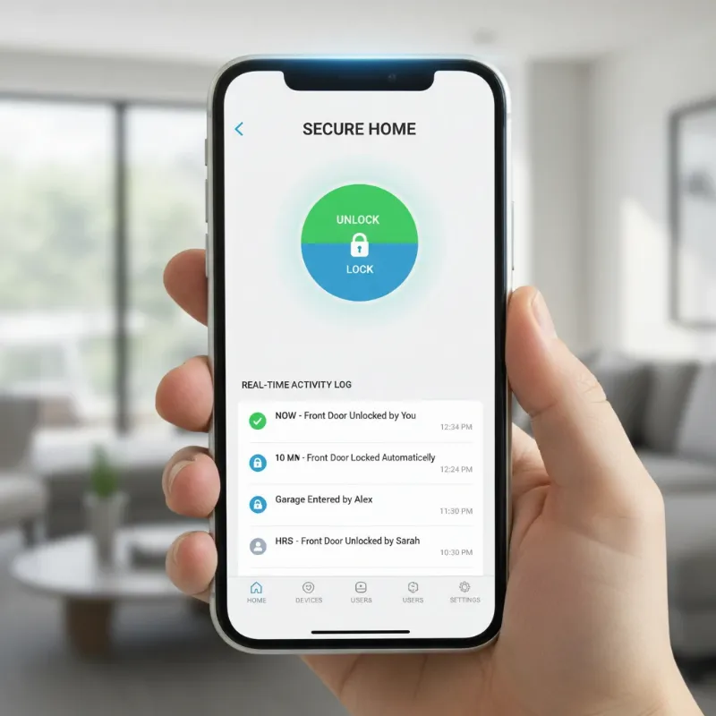 A smartphone screen displaying a smart lock monitoring app with activity logs and remote control options.