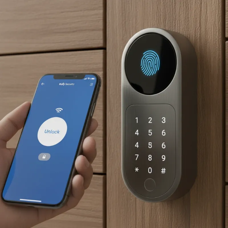 A smart lock displaying various entry methods like fingerprint, keypad, and smartphone app control.