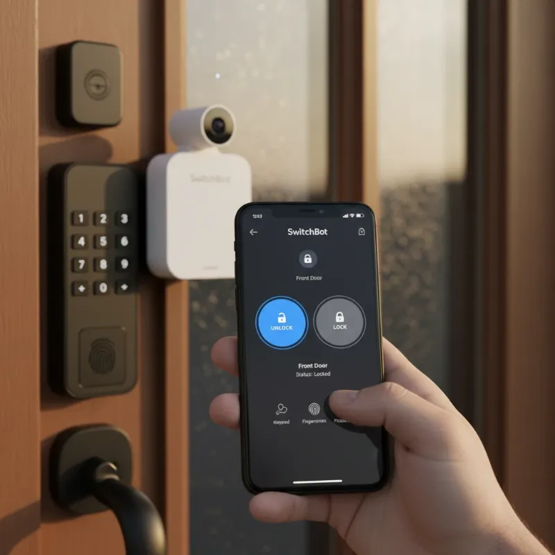 Person using a smartphone app to unlock a SwitchBot smart lock, highlighting diverse access methods.