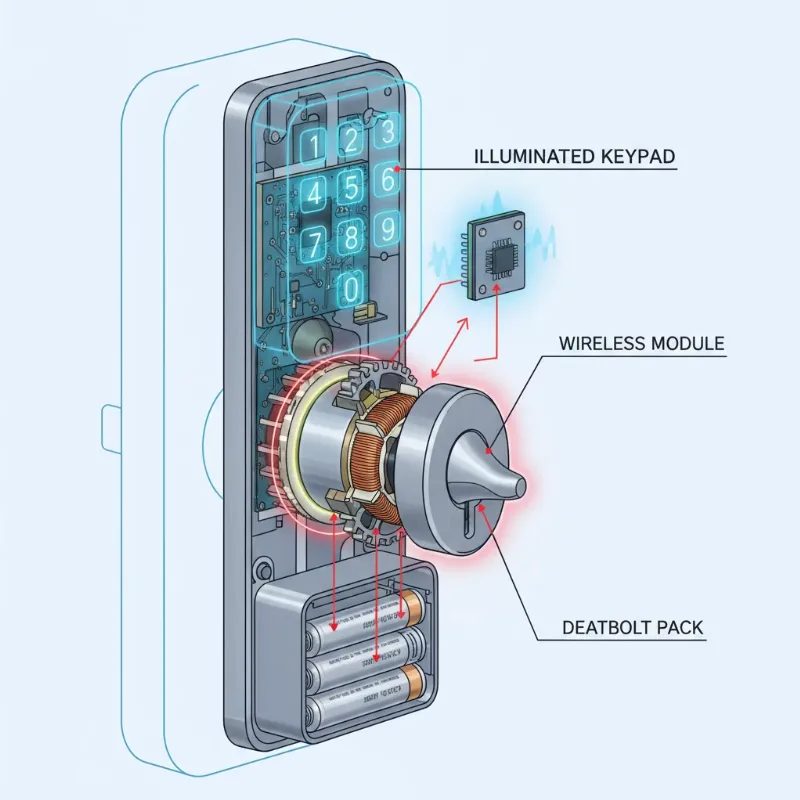 Illustration of smart lock internal components consuming power, showing motor, keypad, and wireless module.