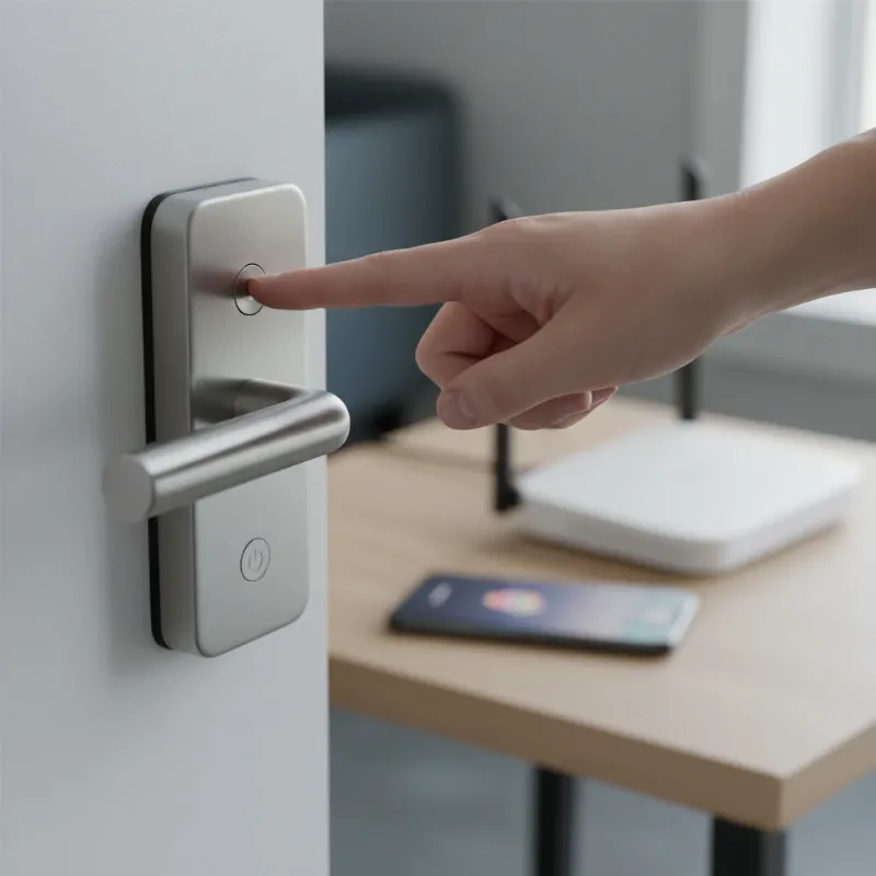 A hand reaching to a smart lock, symbolizing a power cycle or battery replacement, with a phone and Wi-Fi router in the background.