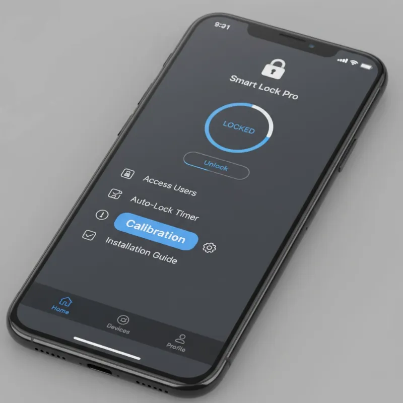 A digital interface showing smart lock settings with a "calibrate" option highlighted, illustrating technical adjustment.