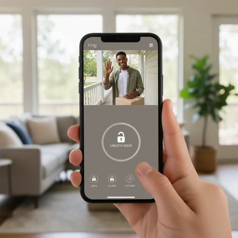 A person using a smartphone to unlock a smart lock while viewing a Ring doorbell feed on the same screen, symbolizing integrated smart home security and convenience.