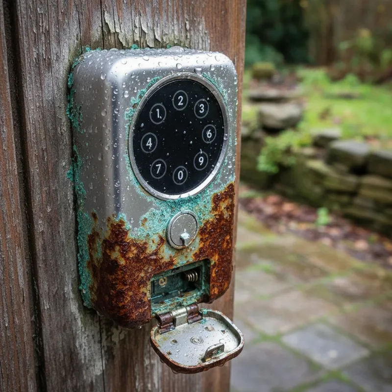 Outdoor smart lock showing signs of rust and corrosion on its metal and electronic parts.