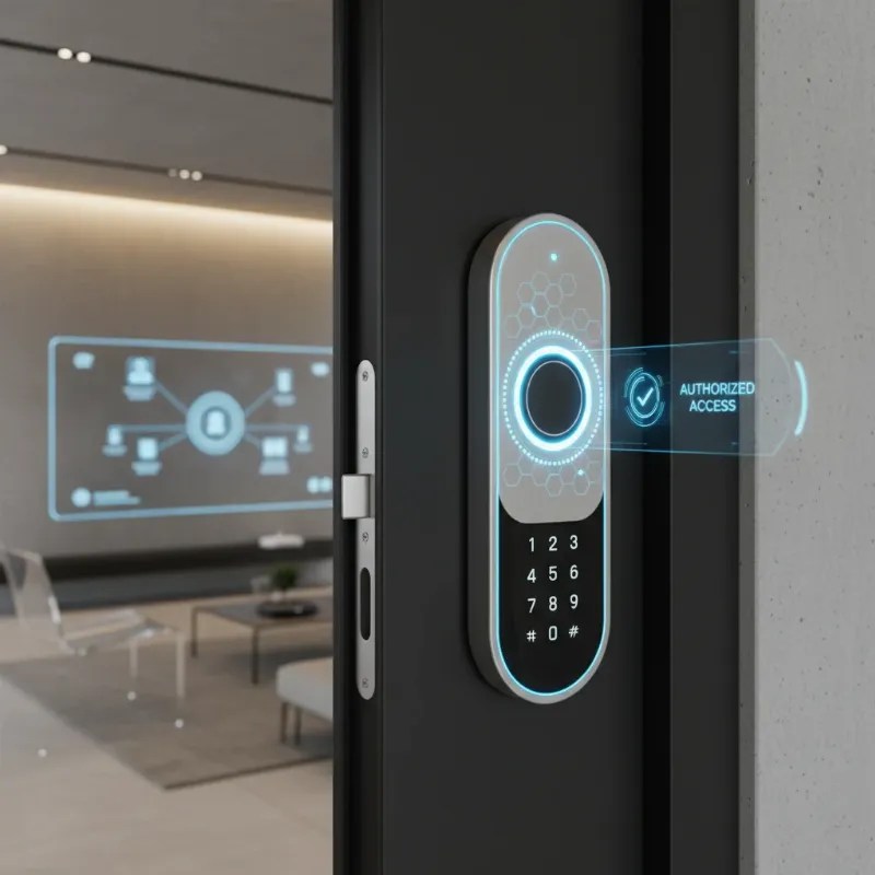 Futuristic smart lock integrating AI and other smart home devices for enhanced security and convenience.