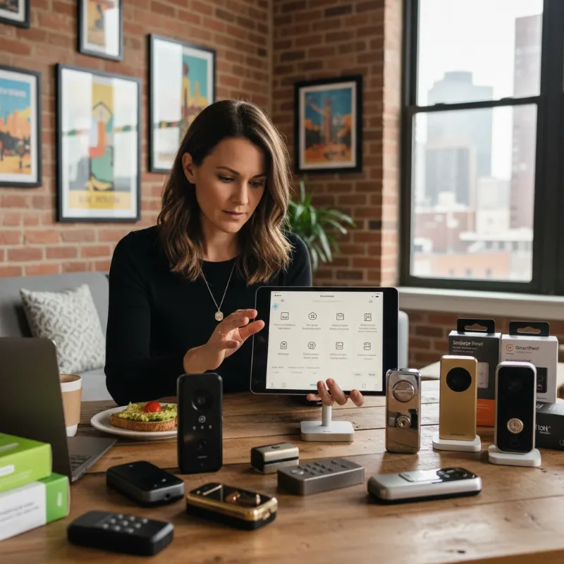 A host comparing smart lock features on a tablet, with various lock models displayed. Focus on decision-making, tech-savvy host.