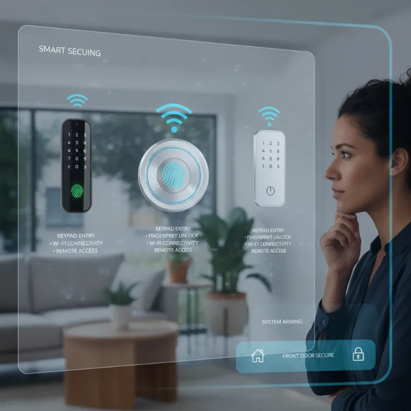 A homeowner thoughtfully choosing a smart lock from various options, considering features and compatibility with their existing security system, in a modern home setting.
