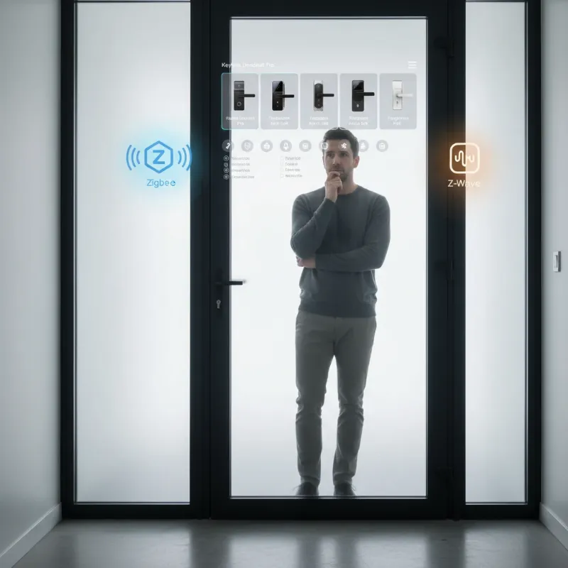 A person thoughtfully looking at different smart lock options, with Zigbee and Z-Wave icons subtly displayed. The image conveys the decision-making process for home automation.