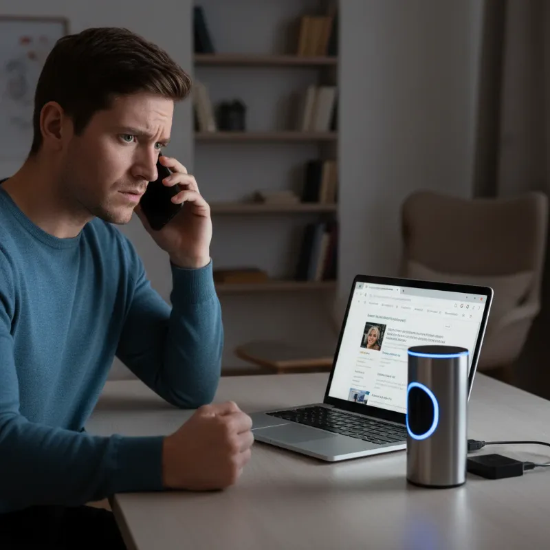 A person on a phone talking to customer support, with a smart lock and troubleshooting guides on a table, conveying seeking help.