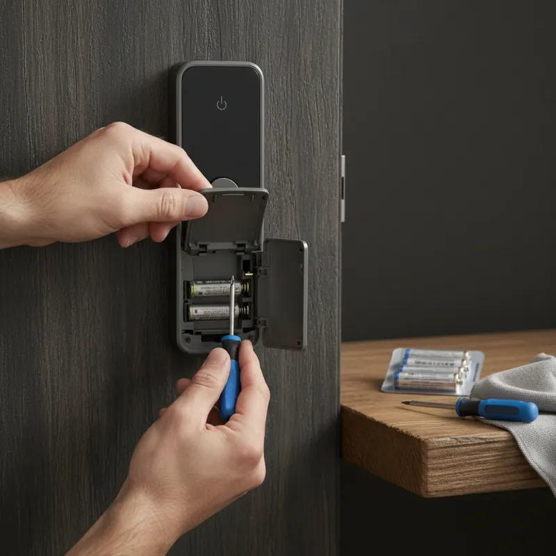 A person inspecting the battery compartment of a smart lock, with a screwdriver and new batteries nearby, on a modern wooden door. 