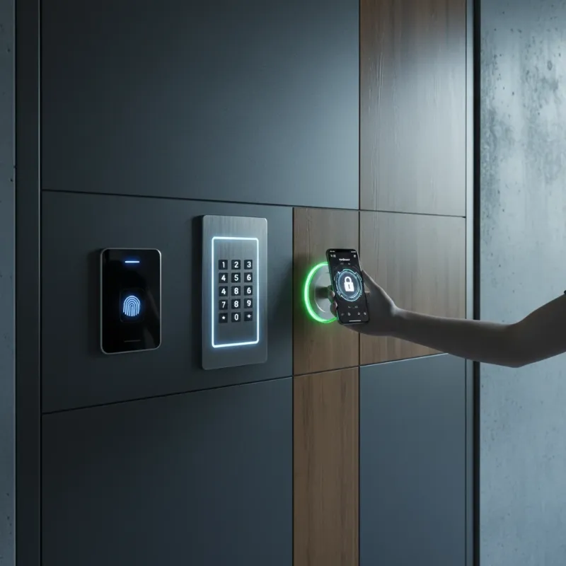 Different types of smart locks including fingerprint, keypad, and remote access on a modern door.