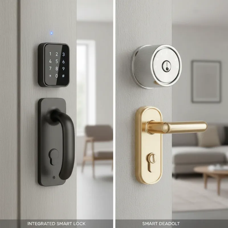 A side-by-side comparison of an integrated smart lock with a handle and a smart deadbolt only, highlighting their distinct designs for a smart home.