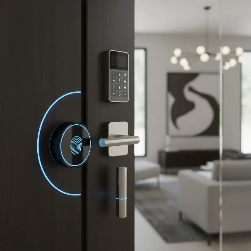 Diverse smart lock types including fingerprint, keypad, and Bluetooth models on a modern door.