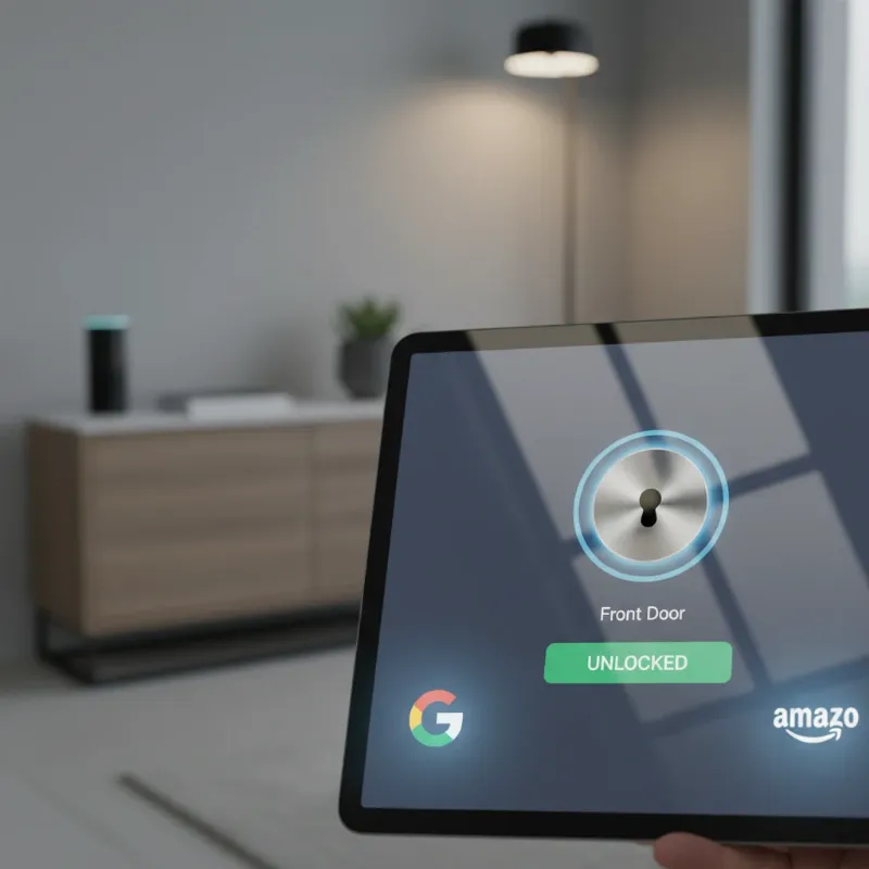 Smart lock interacting with Google Assistant and Amazon Alexa logos, representing compatibility.