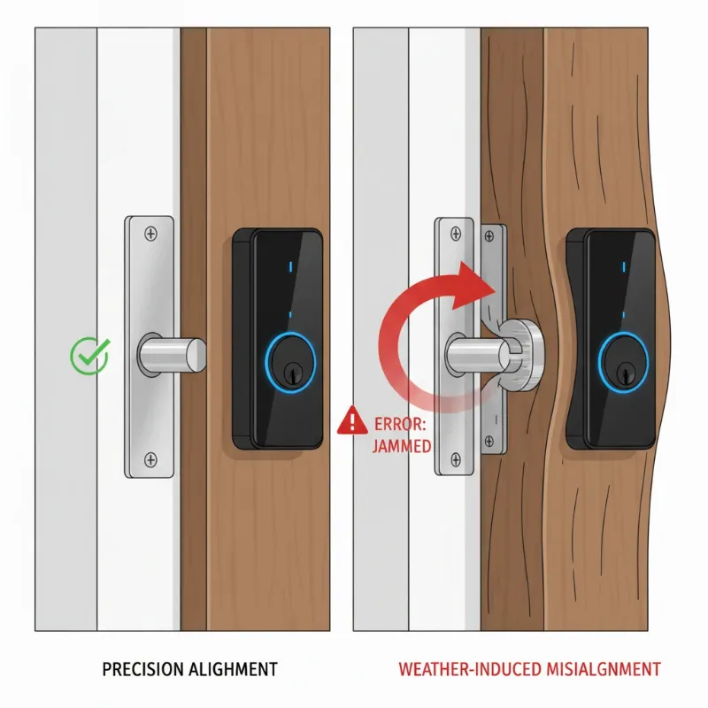 Illustration showing smart lock mechanism failing due to door misalignment from weather changes.
