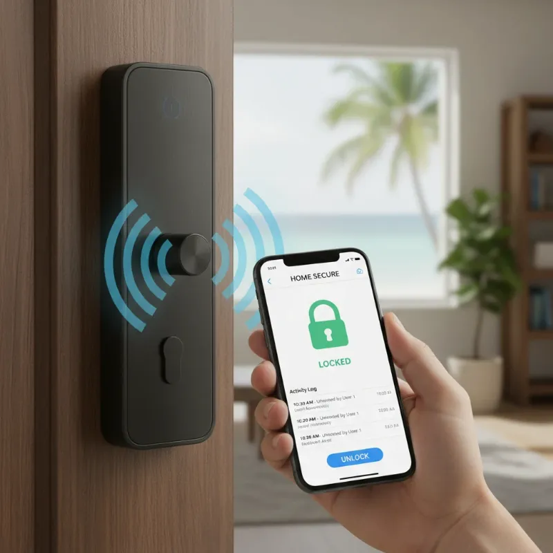 A smart lock on a modern door with Wi-Fi signals and a smartphone app.