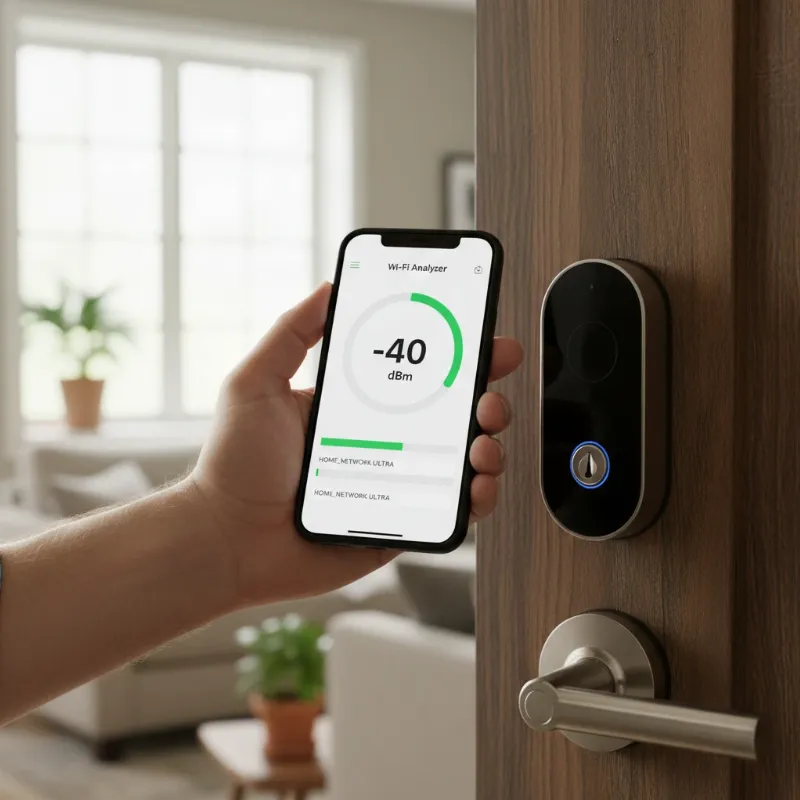 A hand holding a smartphone showing a Wi-Fi analyzer app with strong signal strength near a smart lock. 