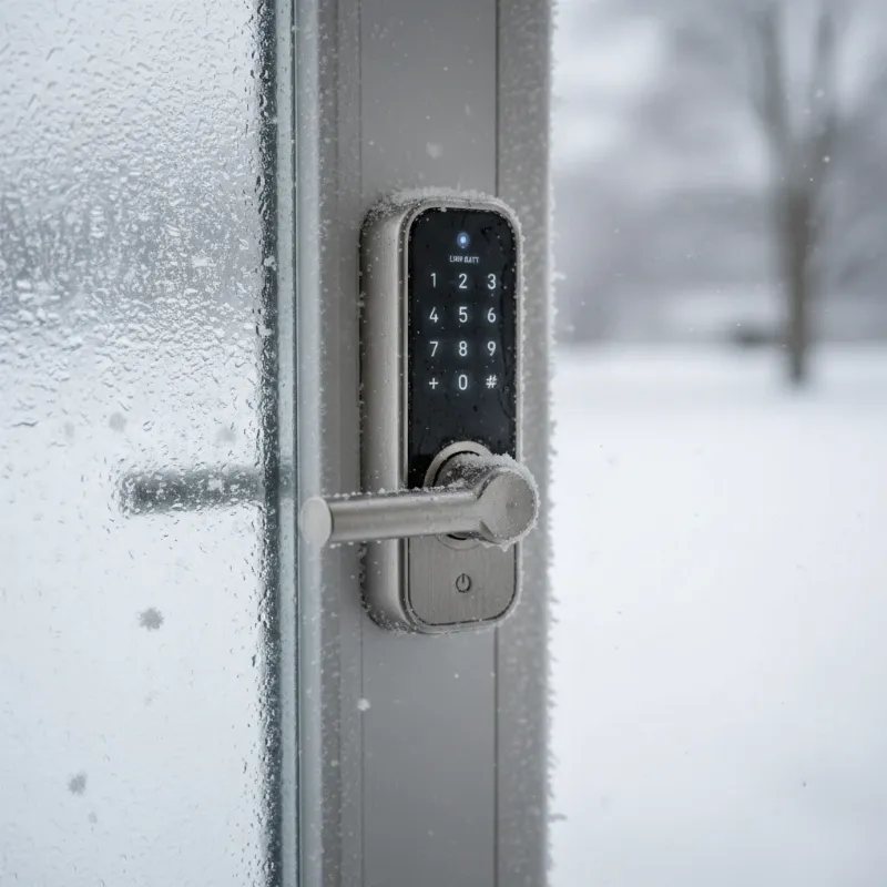 A smart lock on a frosted door showing signs of malfunction due to low battery in winter.