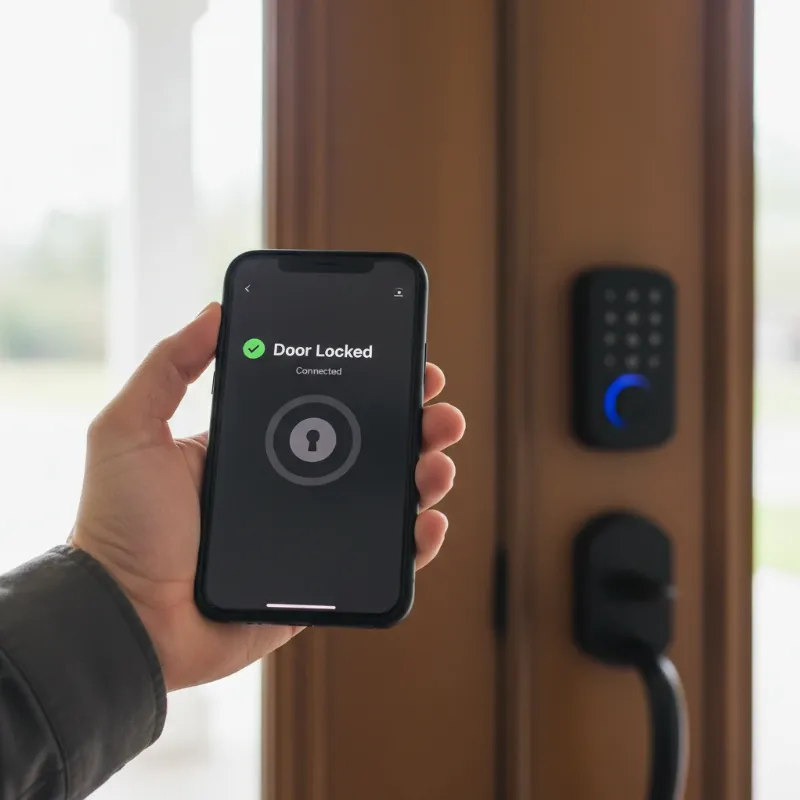 A person successfully testing a smart lock's remote control via a smartphone.