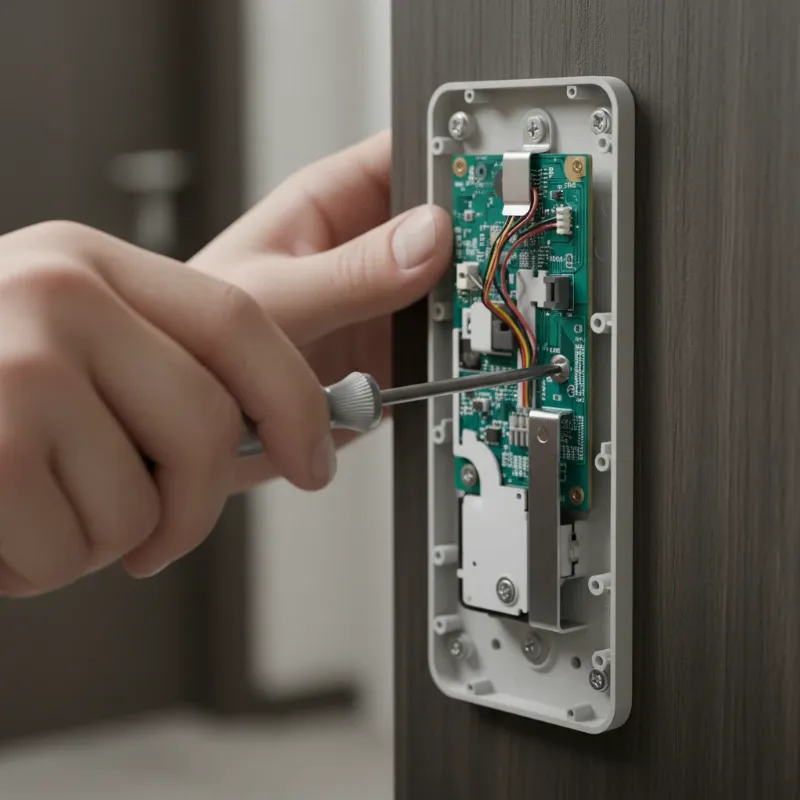 A close-up of a hand using a Phillips-head screwdriver to tighten mounting screws on the interior unit of a smart door lock, with the cover plate removed.