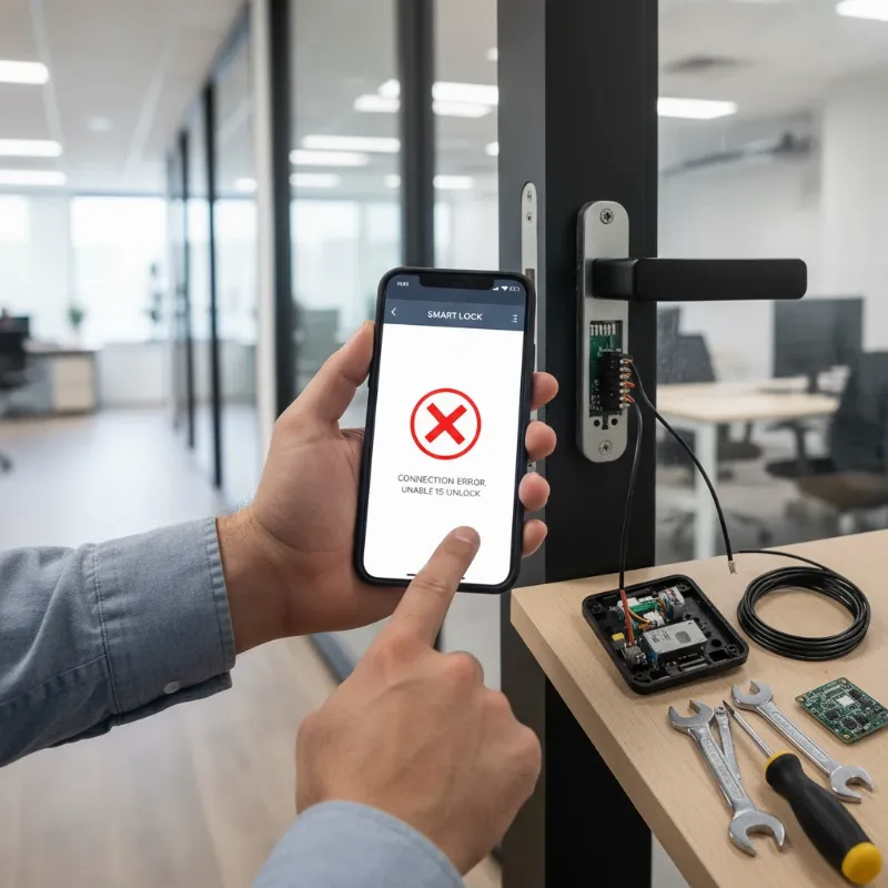 A person troubleshooting a smart lock, looking at a smartphone app, with a partially disassembled lock on a door and tools nearby.