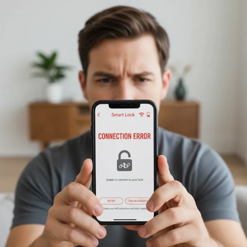 A person looking frustrated at a smartphone app with smart lock errors, surrounded by network connection symbols and a battery icon, illustrating common integration challenges.