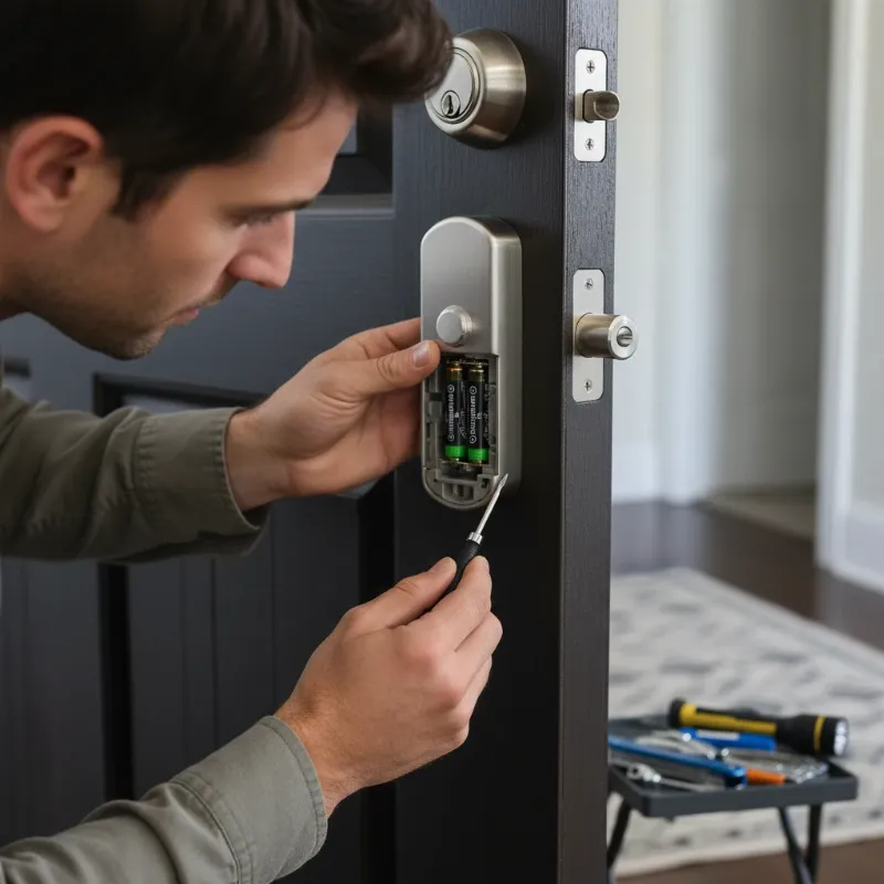 A person troubleshooting a smart lock, checking battery and door alignment