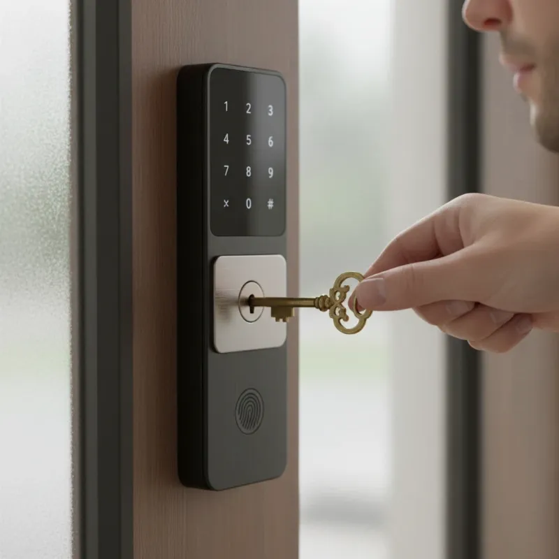 A hand using a physical key to unlock a smart lock, demonstrating a common method to open a smart lock when batteries die.