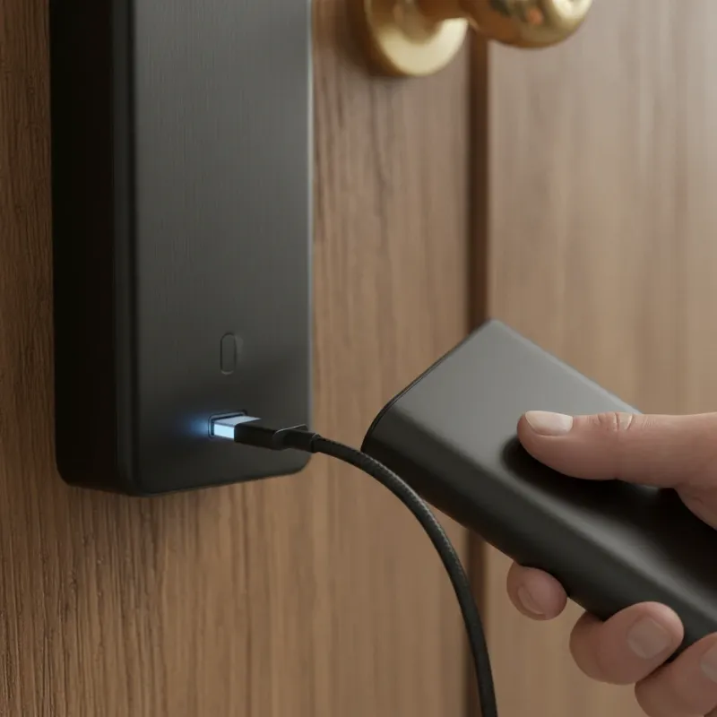 A hand connecting a USB-C power bank to a smart lock's external emergency port.