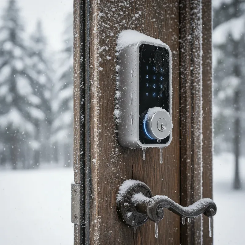 A smart lock resisting heavy snow and ice on a wooden door, emphasizing durability in winter conditions.
