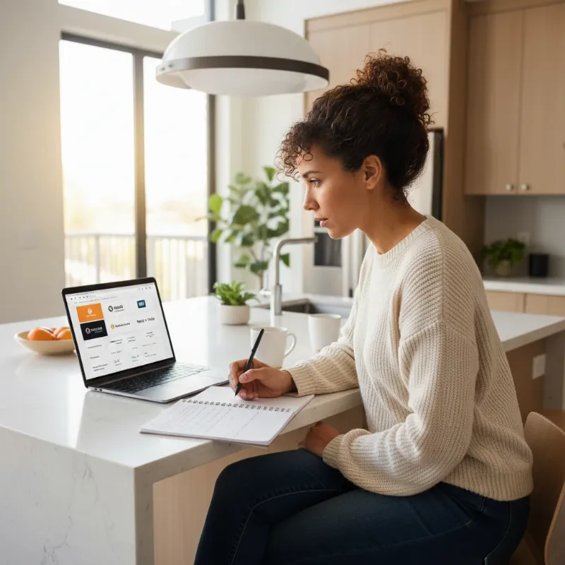 A woman researching smart lock brands and features on a laptop at home.