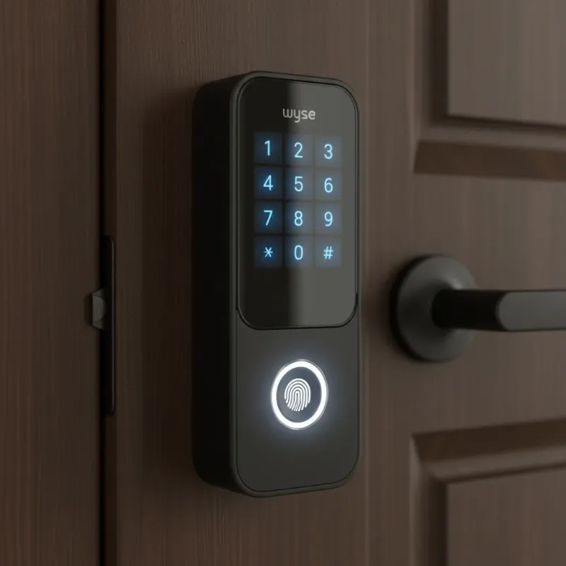 Modern matte-black Wyze Lock Bolt v2 smart deadbolt with glass touchscreen keypad and fingerprint sensor.