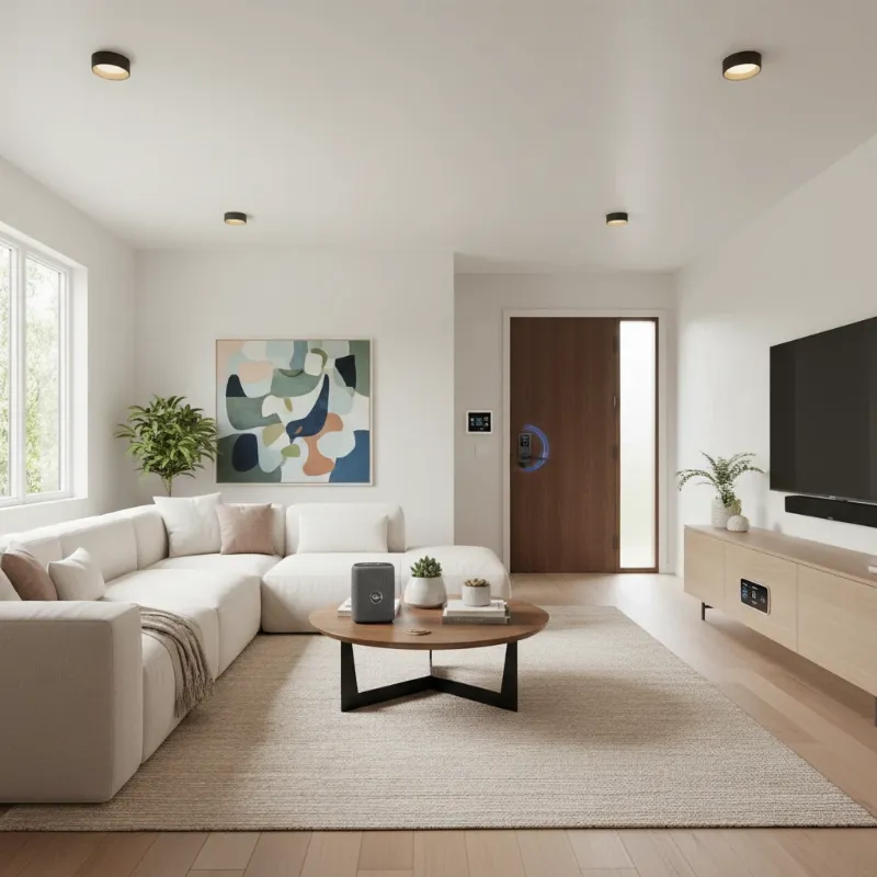 A stylish living room scene with smart home devices and a Yale Assure Lock 2 on the door, symbolizing integration.
