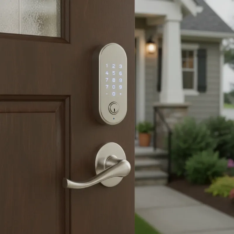 A Yale Assure Lock with an illuminated keypad, replacing a traditional deadbolt on a door.