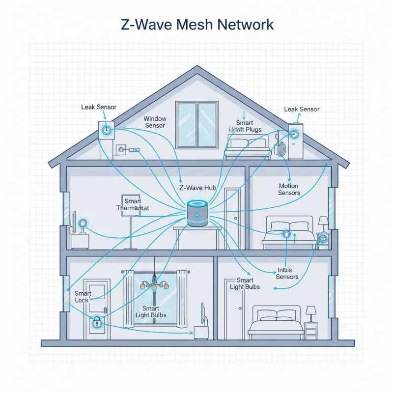 Illustration of a Z-Wave mesh network with devices forming connections to extend signal range throughout a smart home.