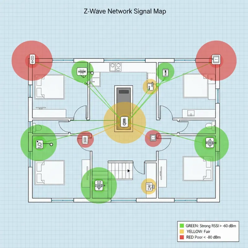 A conceptual diagram showing Z-Wave signal strength indicators in a home layout, highlighting weak and strong signal areas.