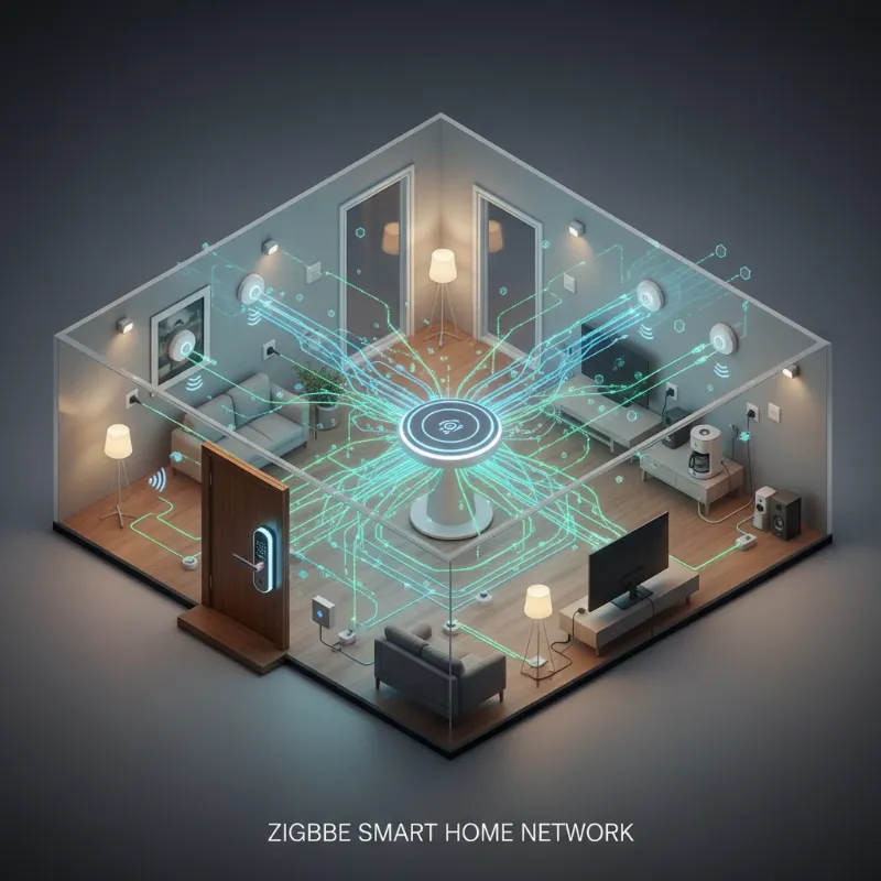 A graphic illustrating a Zigbee smart lock connected within a mesh network, surrounded by other smart home devices like lights and sensors, all linked to a central hub.