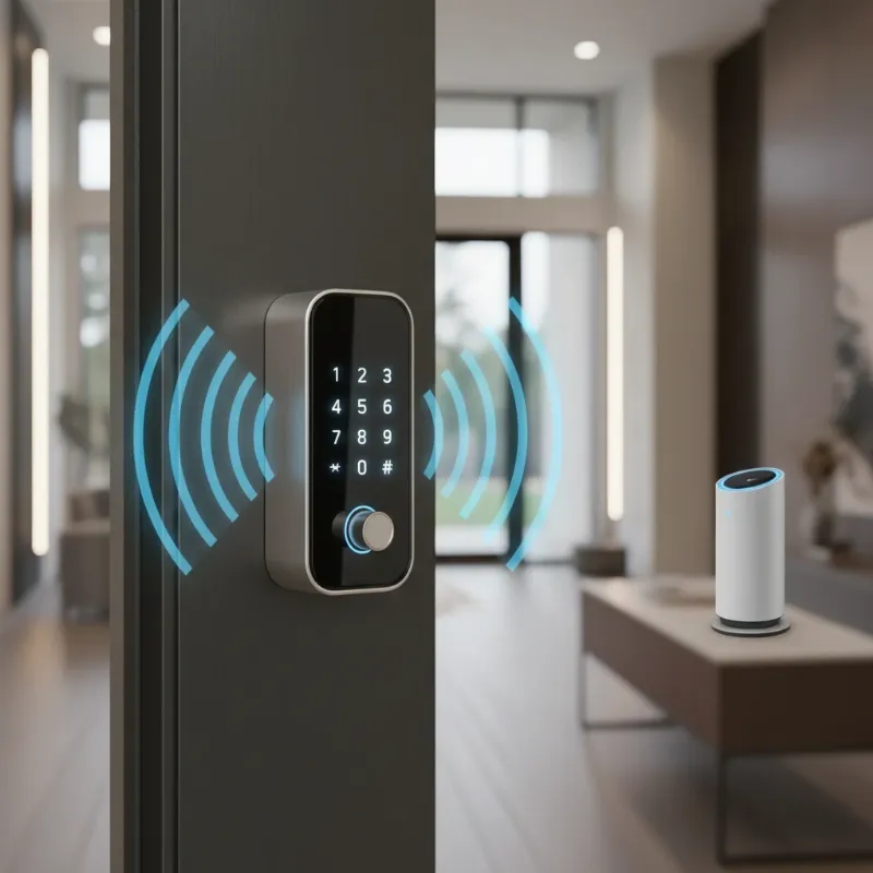 A Z-Wave smart lock emphasizing its secure connection, with subtle graphic elements showing radio waves avoiding interference and a strong padlock icon overlaid.